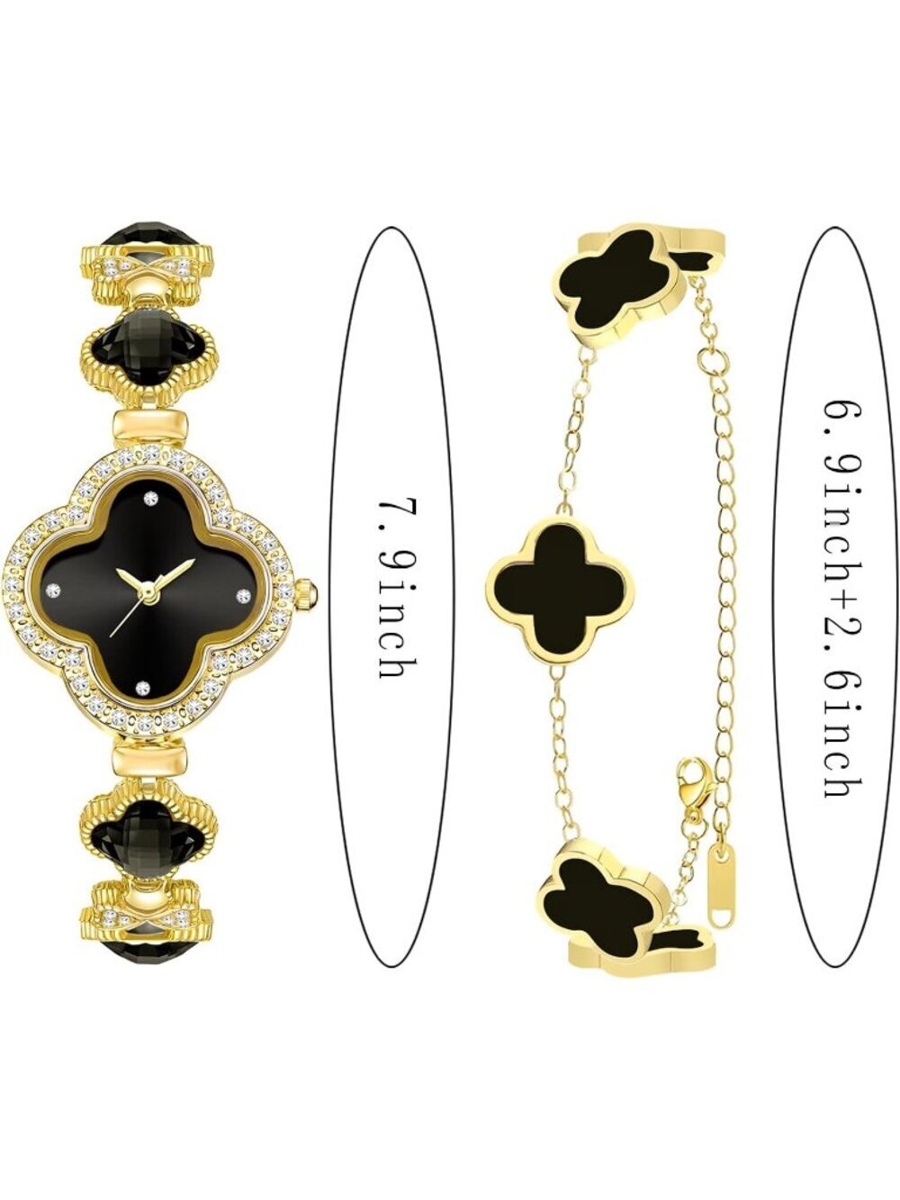 Women's Black Gold Lucky Clover Flower Design Four Leaf Bracelet Set Wrist Watch - Picture 7 of 7